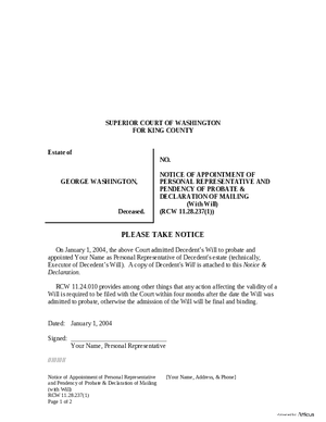 Thumbnail of Washington Form Notice Of Appointment Of Personal Representative & Pendency Of Probate (With Will) & Declaration Of Mailing