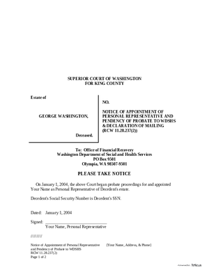 Thumbnail of Washington Form Notice Of Appointment Of Personal Representative & Pendency Of Probate To Wa Department Of Social & Health Services & Declaration Of Mailing