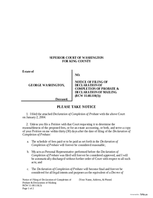 Thumbnail of Washington Form Notice Of Filing Of Declaration Of Completion Of Probate & Declaration Of Mailing