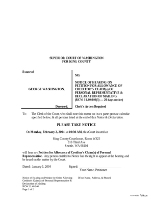Thumbnail of Washington Form Notice Of Hearing On Petition For Allowance Of Creditor’s Claim Of Personal Representative & Declaration Of Mailing