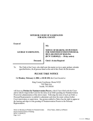 Thumbnail of Washington Form Notice Of Hearing On Petition For Nonintervention Powers & Declaration Of Mailing