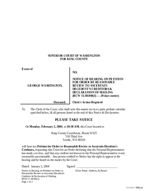 Thumbnail of Washington Form Notice Of Hearing On Petition For Order Re Reasonable Review To Ascertain Decedent’s Creditors & Declaration Of Mailing
