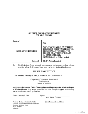 Thumbnail of Washington Form Notice Of Hearing On Petition For Order Directing Personal Representative To Deliver Report Of Affairs Of Estate