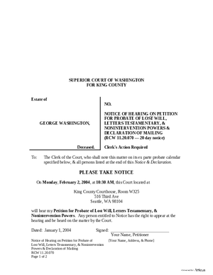 Thumbnail of Washington Form Notice Of Hearing On Petition For Probate Of Lost Will, Letters Testamentary, & Nonintervention Powers & Declaration Of Mailing