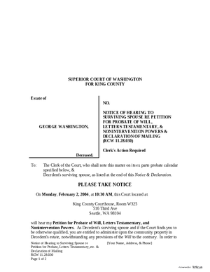 Thumbnail of Washington Form Notice Of Hearing To Surviving Spouse Re Petition For Probate, Letters Testamentary, & Nonintervention Powers & Declaration Of Mailing