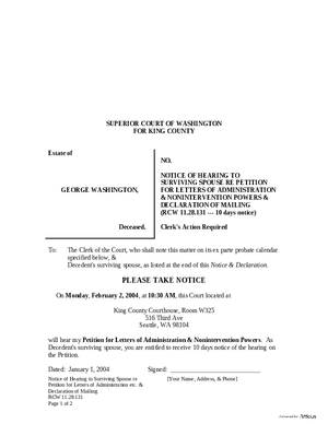 Thumbnail of Washington Form Notice Of Hearing To Surviving Spouse Re Petition For Letters Of Administration & Nonintervention Powers & Declaration Of Mailing