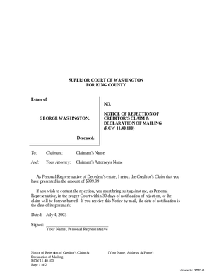 Thumbnail of Washington Form Notice Of Rejection Of Creditor’s Claim & Declaration Of Mailing