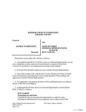 Thumbnail of Washington Form Oath Of Named Personal Representative (With Will)