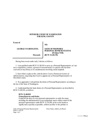Thumbnail of Washington Form Oath Of Proposed Personal Representative (Without Will)