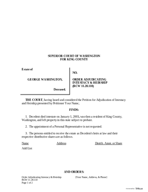 Thumbnail of Washington Form Order Adjudicating Intestacy & Heirship