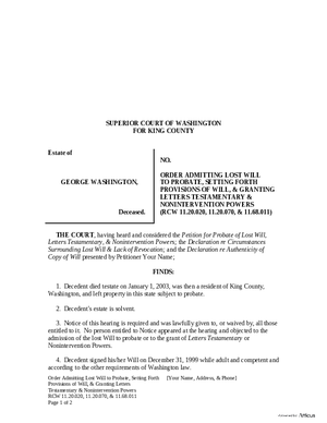 Thumbnail of Washington Form Order Admitting Lost Will To Probate, Setting Forth Provisions Of Will, & Granting Letters Testamentary & Nonintervention Powers