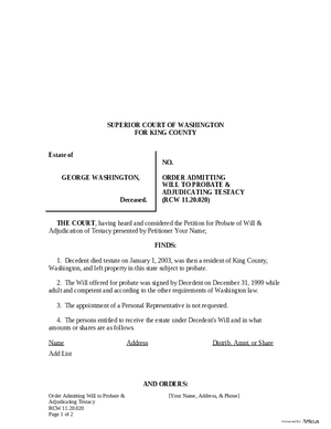 Thumbnail of Washington Form Order Admitting Will To Probate & Adjudicating Testacy