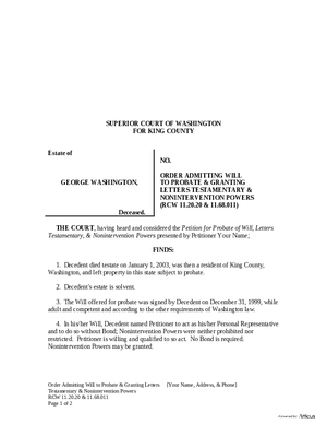 Thumbnail of Washington Form Order Admitting Will To Probate & Granting Letters Testamentary & Nonintervention Powers
