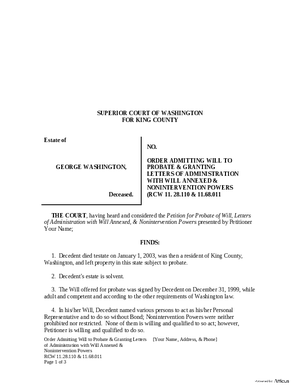 Thumbnail of Washington Form Order Admitting Will To Probate & Granting Letters Of Administration With Will Annexed & Nonintervention Powers
