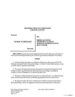 Thumbnail of Washington Form Order Allowing Creditor’s Claim Of Personal Representative