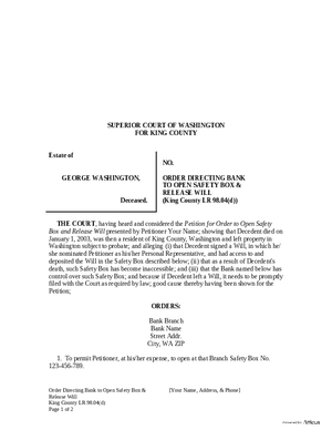 Thumbnail of Washington Form Order Directing Bank To Open Safety Box And Release Will