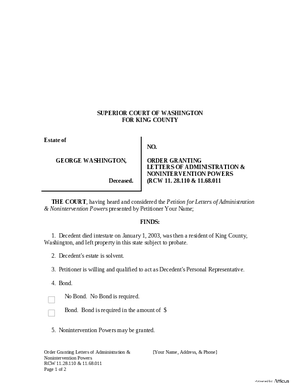 Thumbnail of Washington Form Order Granting Letters Of Administration & Nonintervention Powers