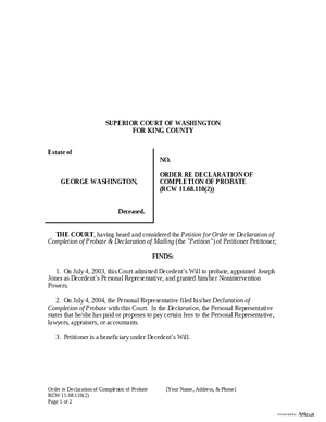 Thumbnail of Washington Form Order Re Declaration Of Completion Of Probate