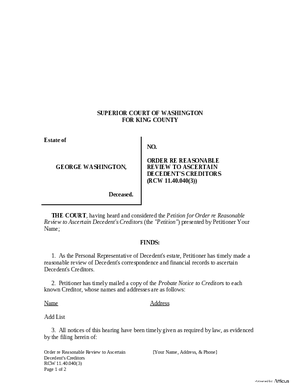 Thumbnail of Washington Form Order Re Reasonable Review To Ascertain Decedent’s Creditors