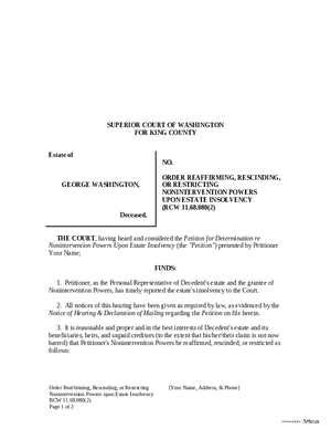 Thumbnail of Washington Form Order Reaffirming, Rescinding, Or Restricting Nonintervention Powers Upon Estate Insolvency