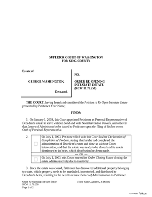 Thumbnail of Washington Form Order Re-opening Intestate Estate