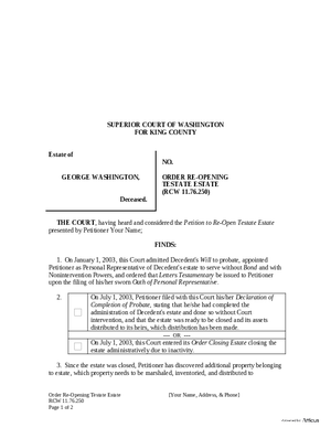 Thumbnail of Washington Form Order Re-opening Testate Estate