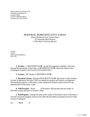 Thumbnail of Washington Form Personal Representative’s Deed (Community Property – Testate Estate)