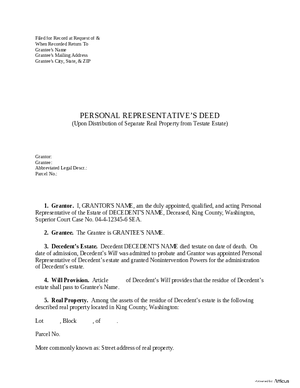 Thumbnail of Washington Form Personal Representative’s Deed (Separate Property – Testate Estate)