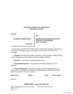 Thumbnail of Washington Form Petition For Adjudication Of Intestacy & Heirship