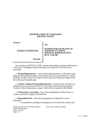 Thumbnail of Washington Form Petition For Allowance Of Creditor’s Claim Of Personal Representative