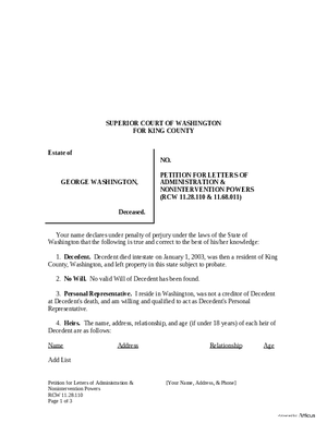 Thumbnail of Washington Form Petition For Letters Of Administration & Nonintervention Powers