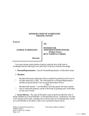 Thumbnail of Washington Form Petition For Nonintervention Powers (Without Notice)