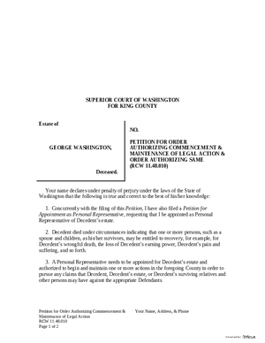 Thumbnail of Washington Form Petition For Order Authorizing Commencement & Maintenance Of Legal Action
