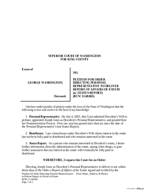 Thumbnail of Washington Form Petition For Order Directing Personal Representative To Deliver Report Of Affairs Of Estate (Ie, Status Report)