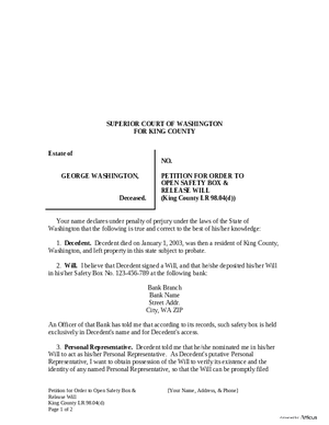 Thumbnail of Washington Form Petition For Order To Open Safety Box And Release Will