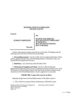 Thumbnail of Washington Form Petition For Order Re Declaration Of Completion Of Probate & Declaration Of Mailing
