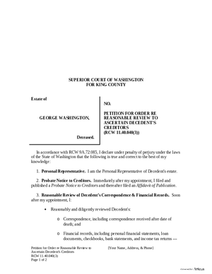 Thumbnail of Washington Form Petition For Order Re Reasonable Review To Ascertain Decedent’s Creditors