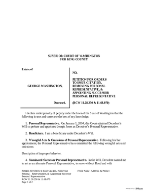 Thumbnail of Washington Form Petition For Orders To Issue Citation, Removing Personal Representative, & Appointing Successor Personal Representative