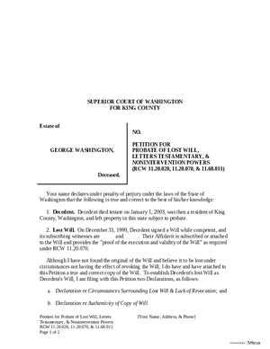 Thumbnail of Washington Form Petition For Probate Of Lost Will, Letters Testamentary, & Nonintervention Powers