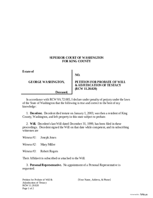 Thumbnail of Washington Form Petition For Probate Of Will & Adjudication Of Testacy
