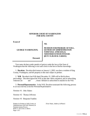 Thumbnail of Washington Form Petition For Probate Of Will, Letters Of Administration With Will Annexed, & Nonintervention Powers