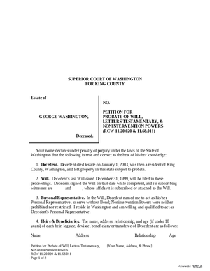 Thumbnail of Washington Form Petition For Probate Of Will, Letters Testamentary, & Nonintervention Powers
