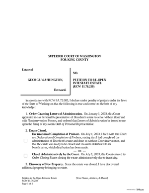 Thumbnail of Washington Form Petition To Re-open Intestate Estate