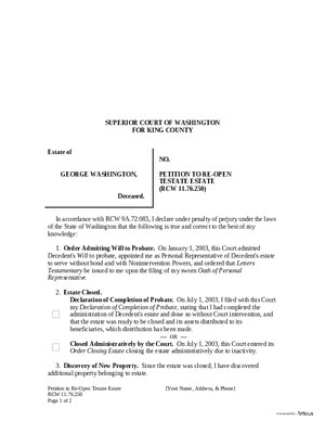 Thumbnail of Washington Form Petition To Re-open Testate Estate