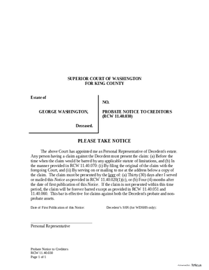 Thumbnail of Washington Form Probate Notice To Creditors
