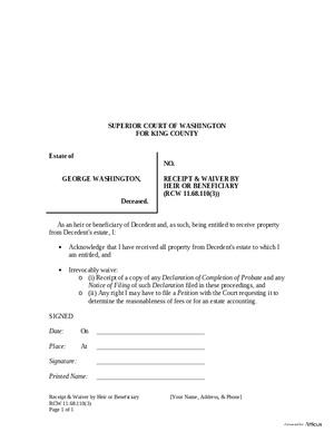 Thumbnail of Washington Form Receipt & Waiver By Heir Or Beneficiary