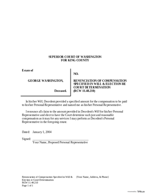 Thumbnail of Washington Form Renunciation Of Compensation Specified In Will & Election Re Court Determination