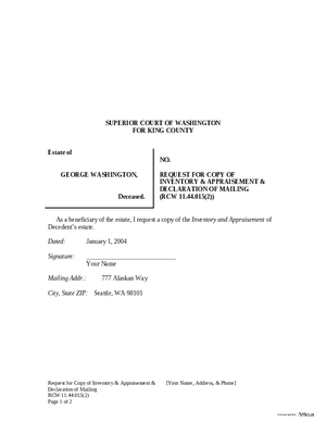 Thumbnail of Washington Form Request For Copy Of Inventory & Appraisement & Declaration Of Mailing