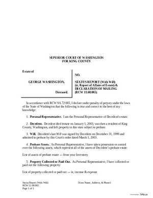 Thumbnail of Washington Form Status Report (With Will) (Ie, Report Of Affairs Of Estate)