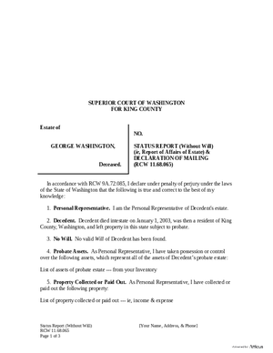 Thumbnail of Washington Form Status Report (Without Will) (Ie, Report Of Affairs Of Estate)